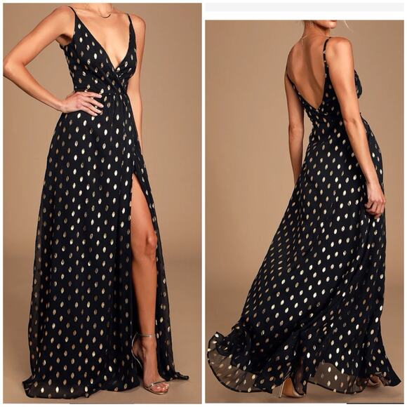 NWT Lulus XL Galaxy Lights Black and Gold Polka Dot Sleeveless Maxi Dress - Picture 1 of 14